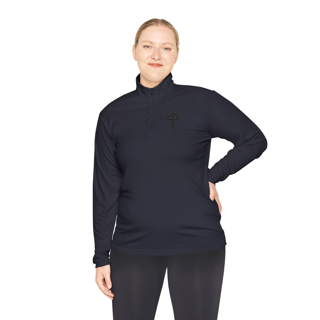 Quarter-Zip Pullover — Small Tree Chest Logo & “Stay Rooted.” Back Script