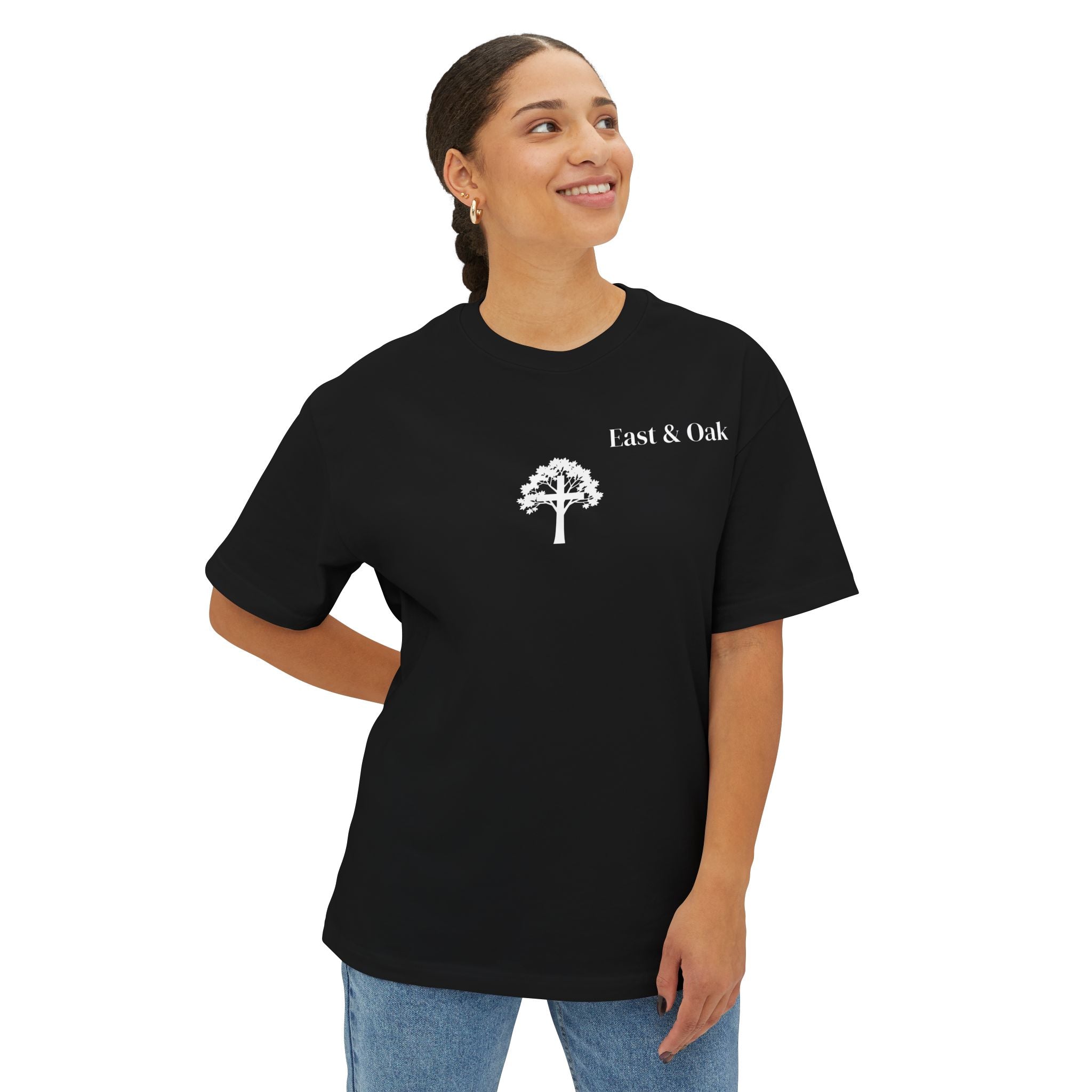 East and Oak Logo Boxy Tee — Minimalist Oversized Graphic T-Shirt