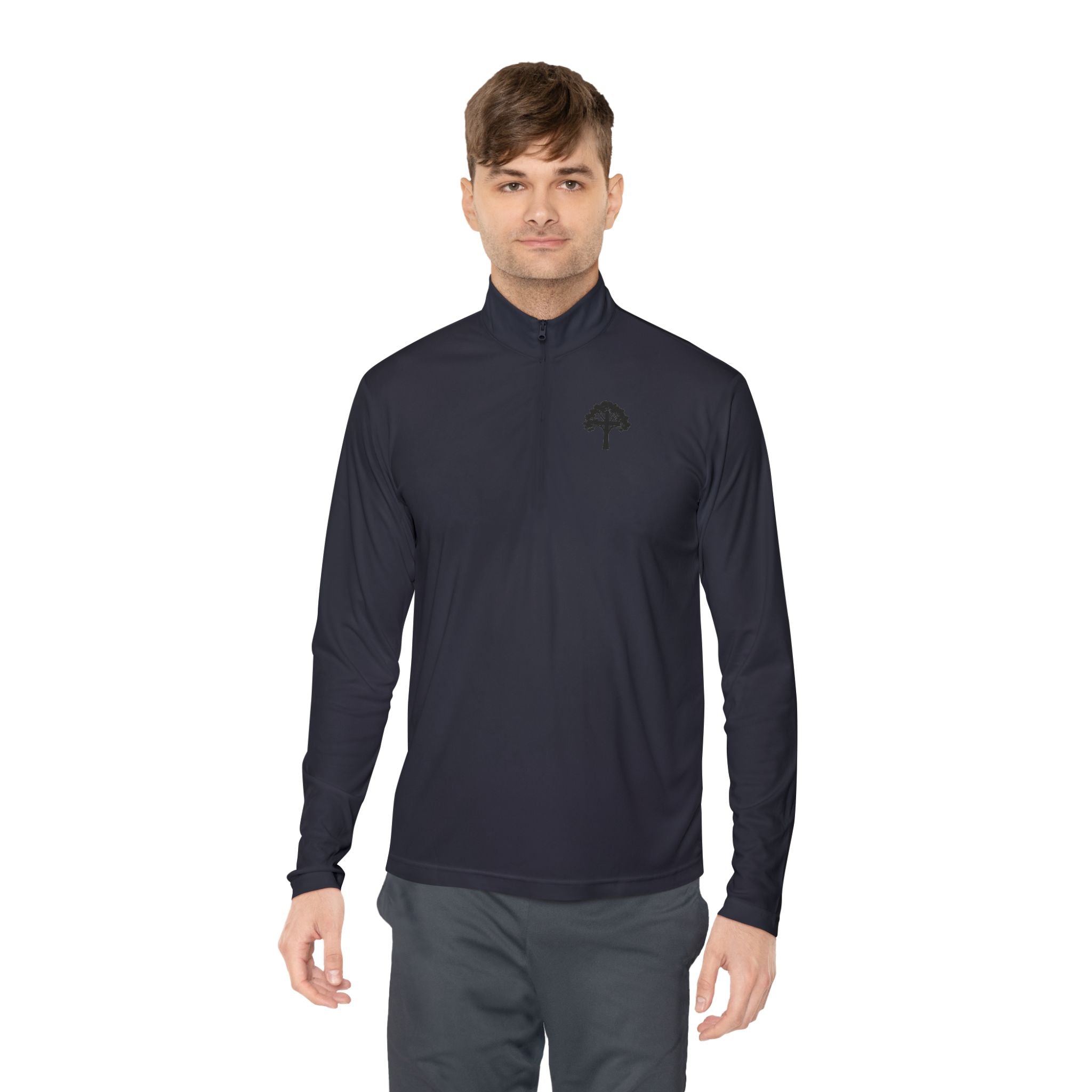 Quarter-Zip Pullover — Small Tree Chest Logo & “Stay Rooted.” Back Script