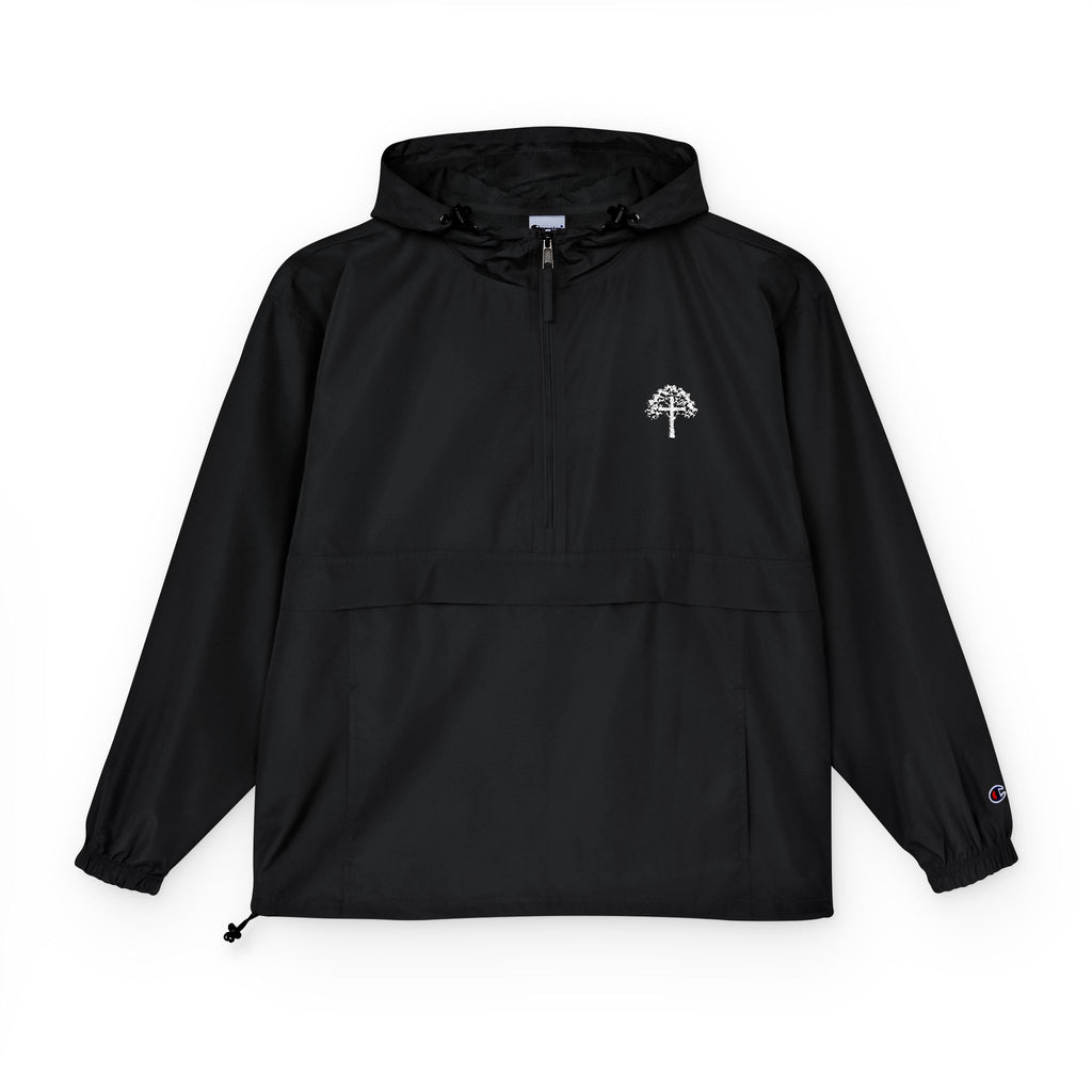 Light Blue Packable Anorak Jacket with Small Tree Logo — Windbreaker Pullover for Travel & Outdoor