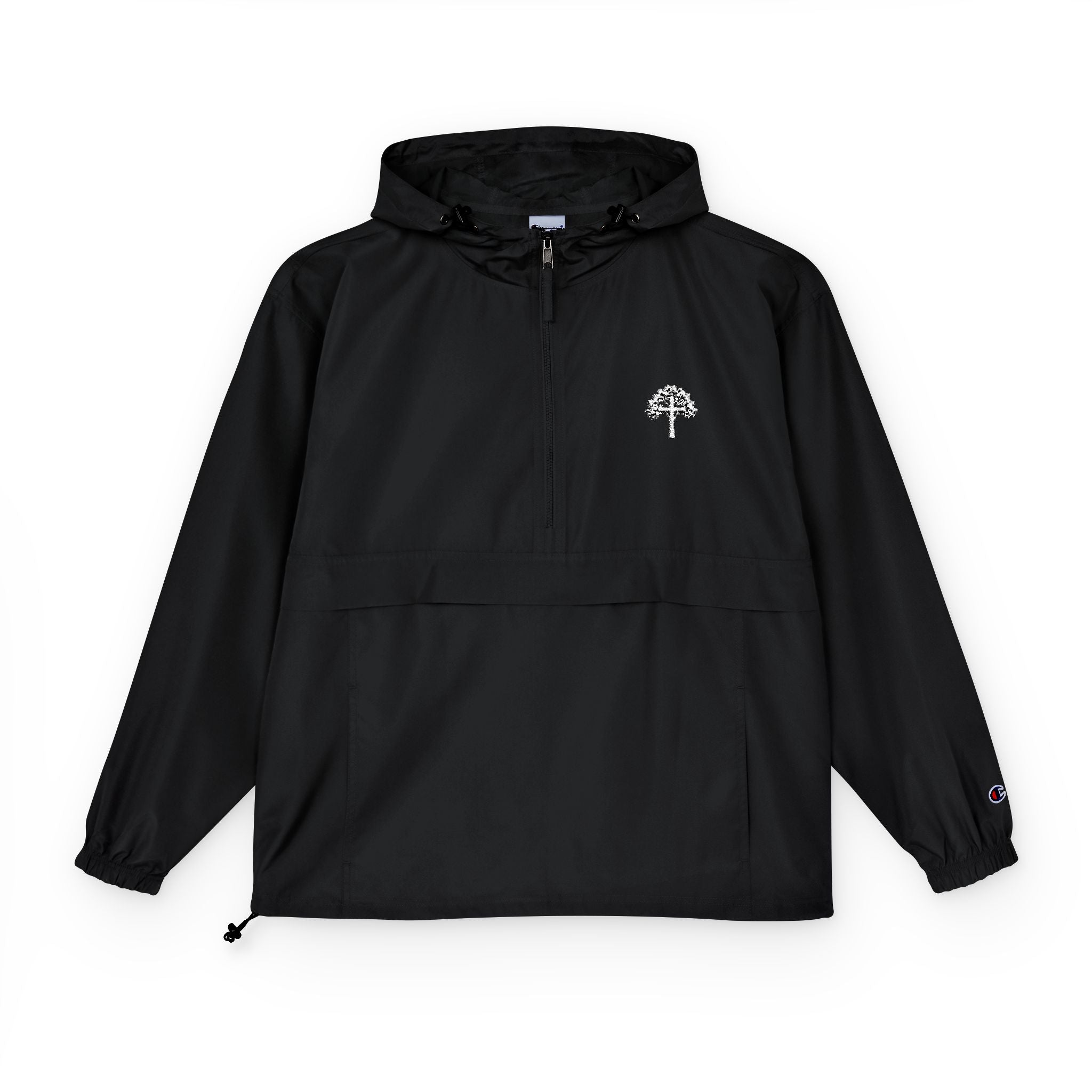 Light Blue Packable Anorak Jacket with Small Tree Logo — Windbreaker Pullover for Travel & Outdoor