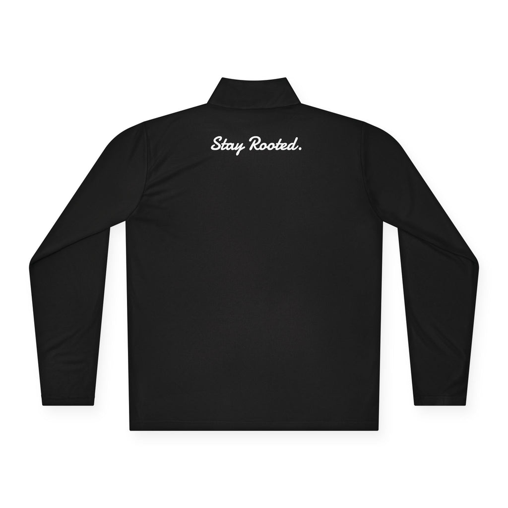 Quarter-Zip Pullover — Small Tree Chest Logo & “Stay Rooted.” Back Script