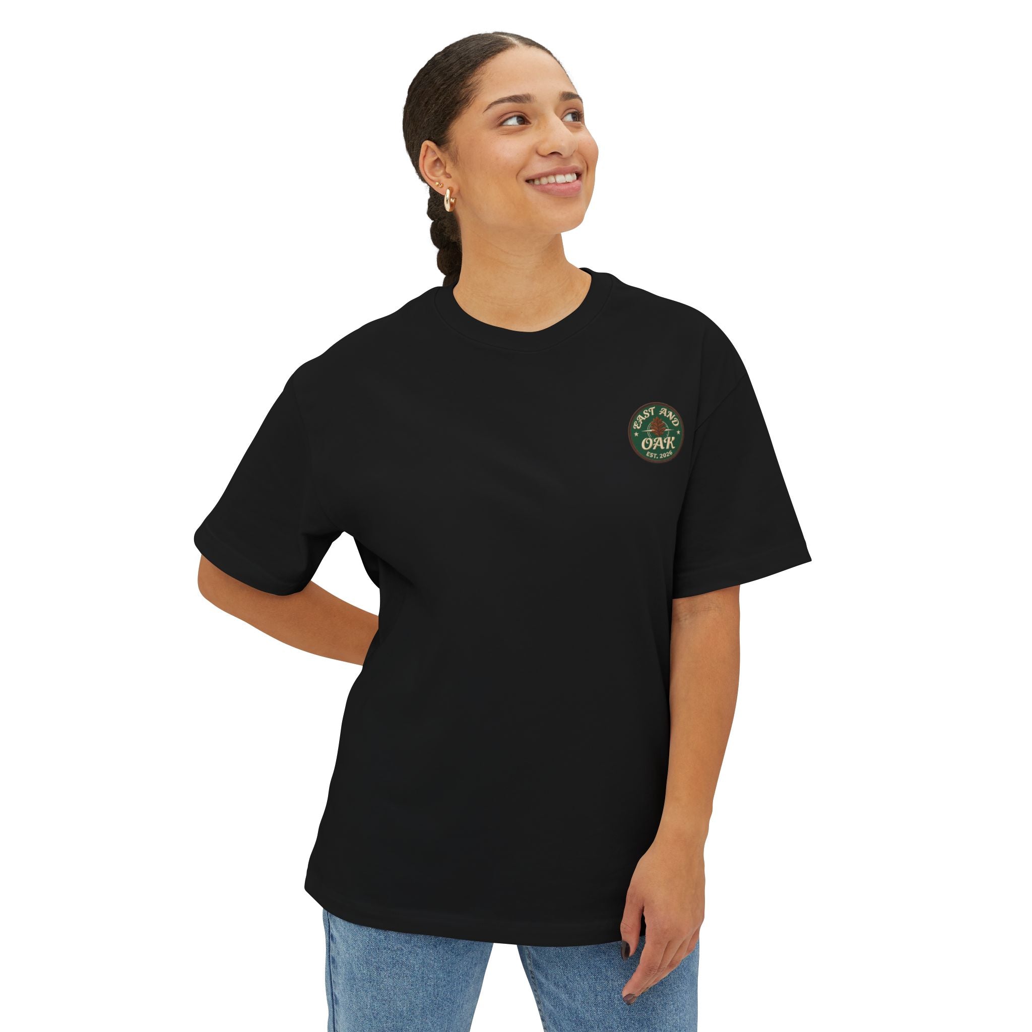 East and Oak Logo Boxy Tee — Minimalist Oversized Graphic T-Shirt