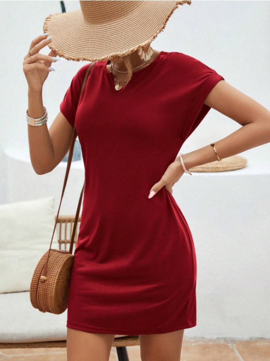 Notched Short Sleeve Mini Tee Dress - Boutique Clothing