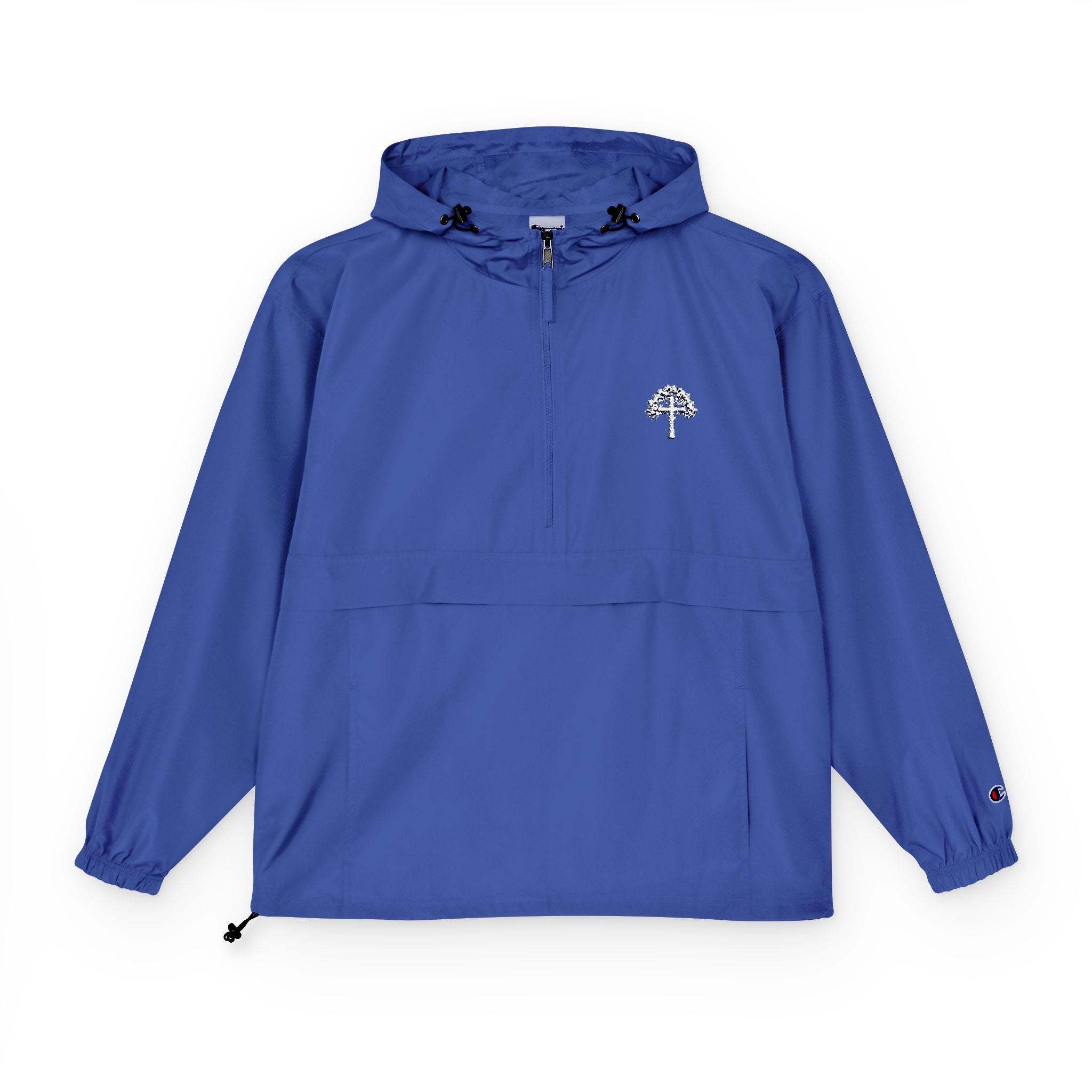 Light Blue Packable Anorak Jacket with Small Tree Logo — Windbreaker Pullover for Travel & Outdoor
