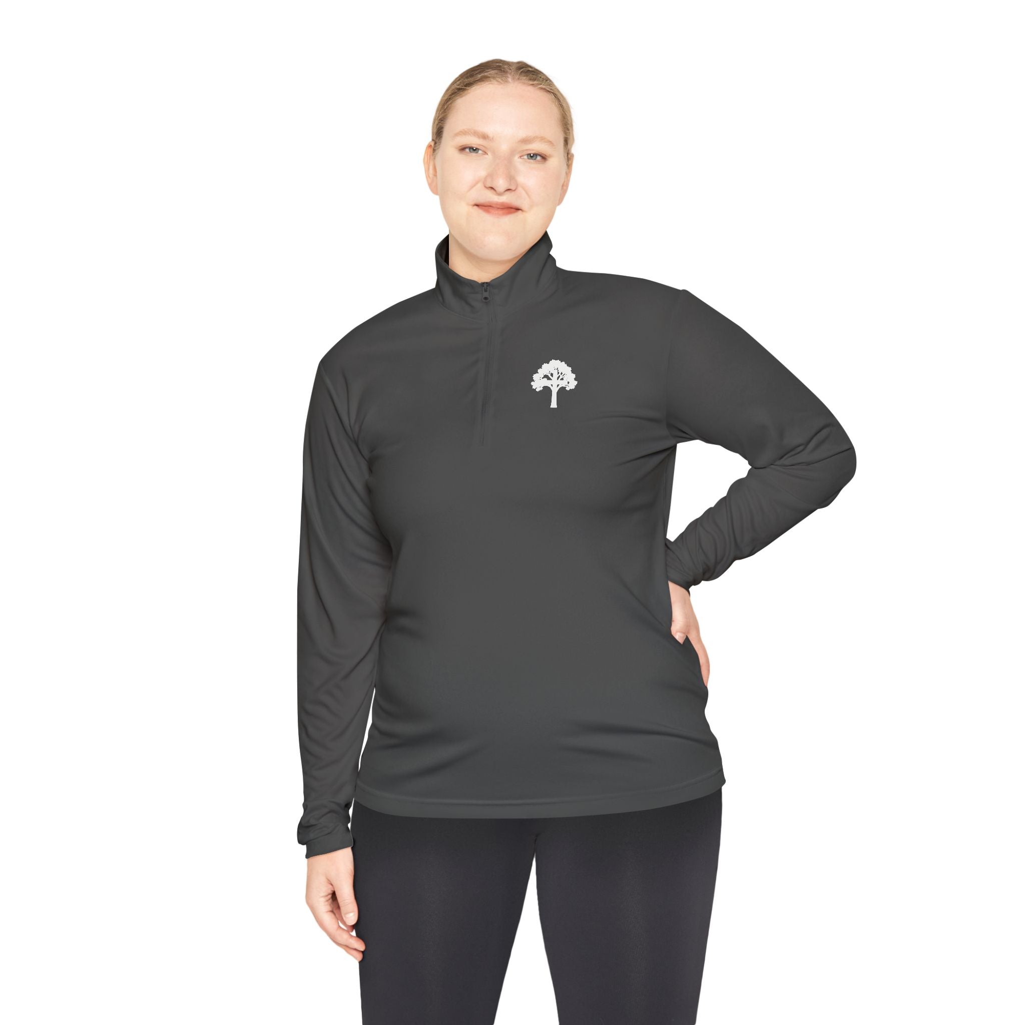 Quarter-Zip Pullover — Small Tree Chest Logo & “Stay Rooted.” Back Script