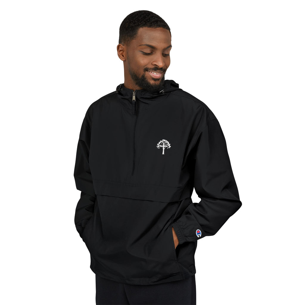 Light Blue Packable Anorak Jacket with Small Tree Logo — Windbreaker Pullover for Travel & Outdoor