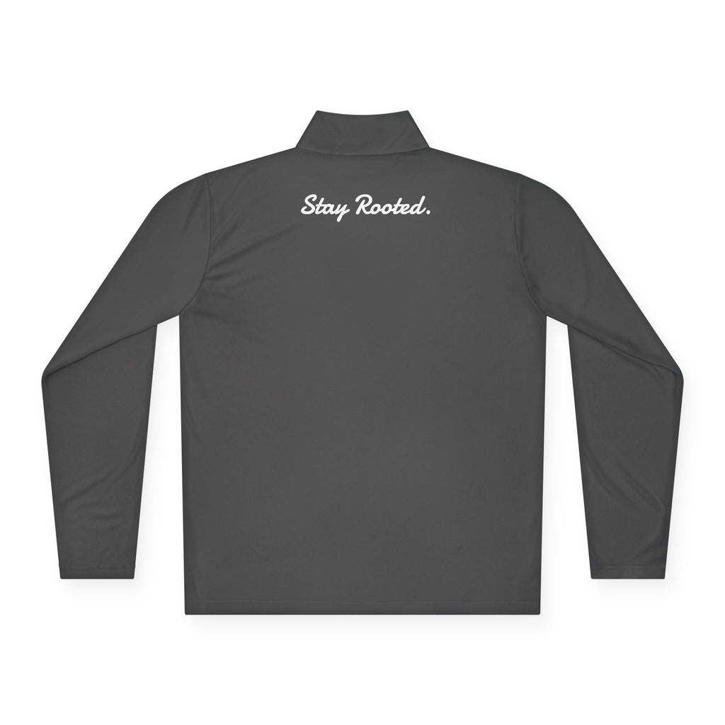 Quarter-Zip Pullover — Small Tree Chest Logo & “Stay Rooted.” Back Script