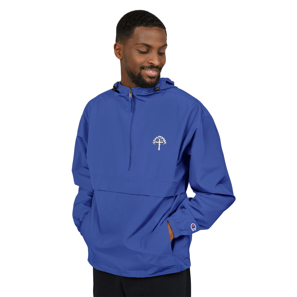Light Blue Packable Anorak Jacket with Small Tree Logo — Windbreaker Pullover for Travel & Outdoor