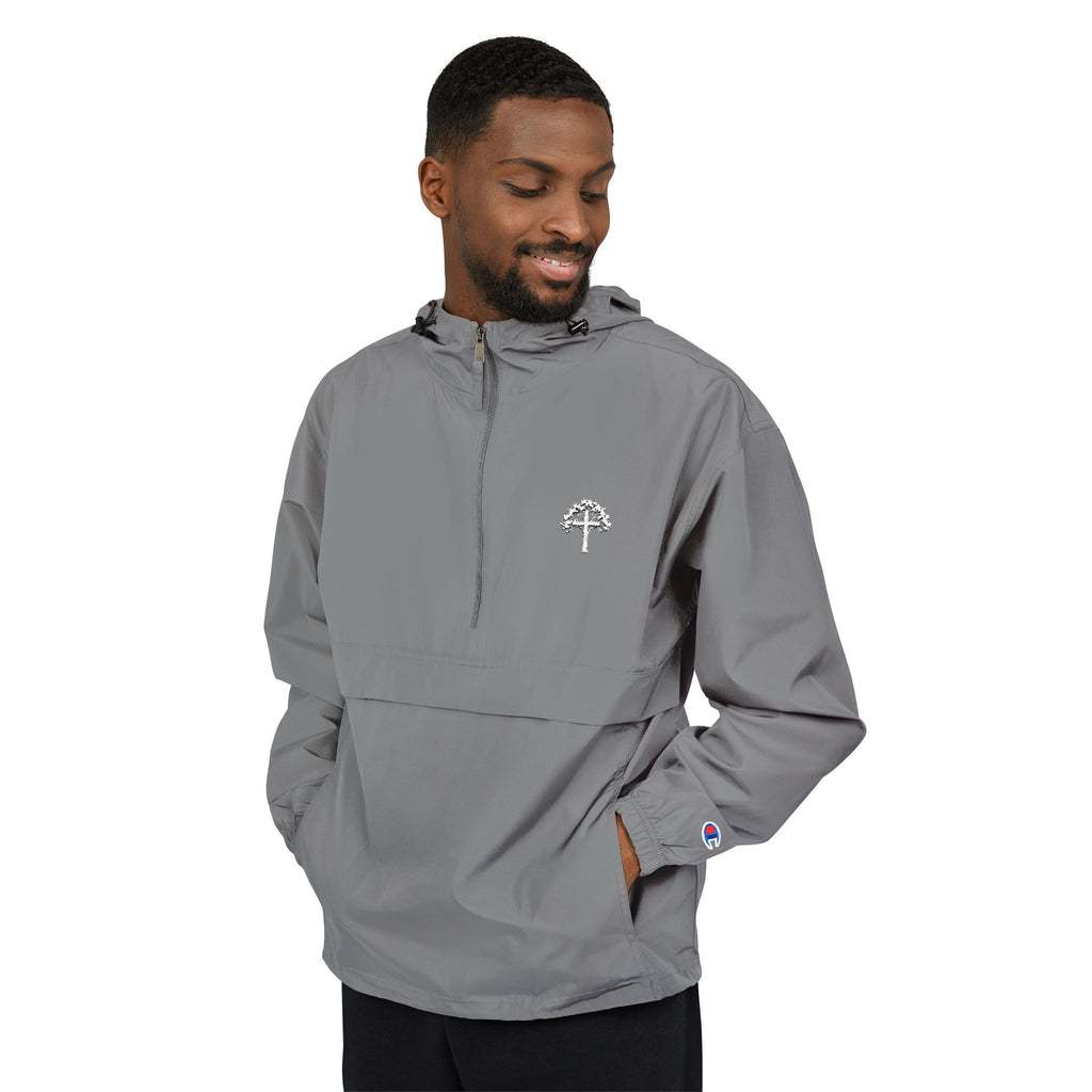 Light Blue Packable Anorak Jacket with Small Tree Logo — Windbreaker Pullover for Travel & Outdoor