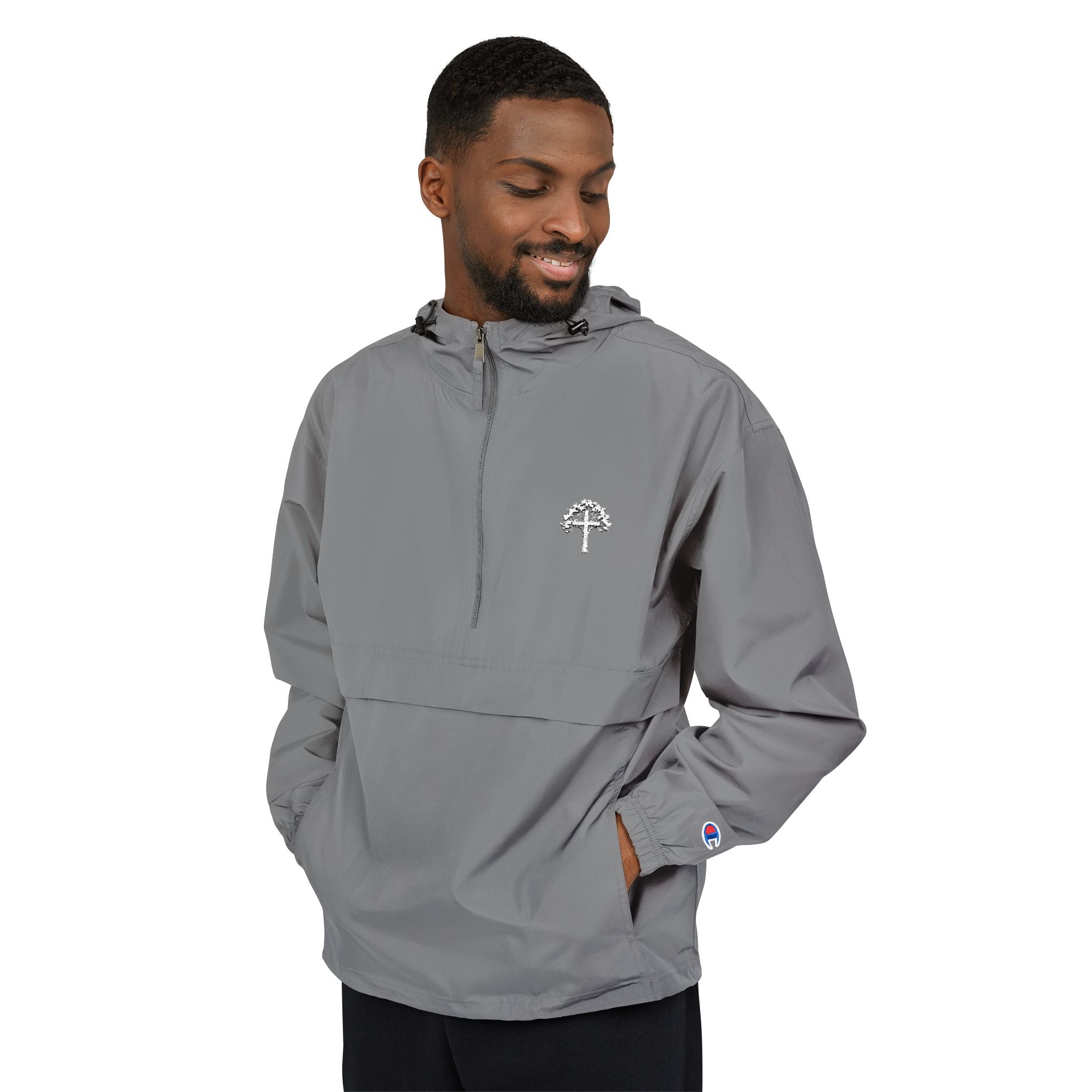 Light Blue Packable Anorak Jacket with Small Tree Logo — Windbreaker Pullover for Travel & Outdoor