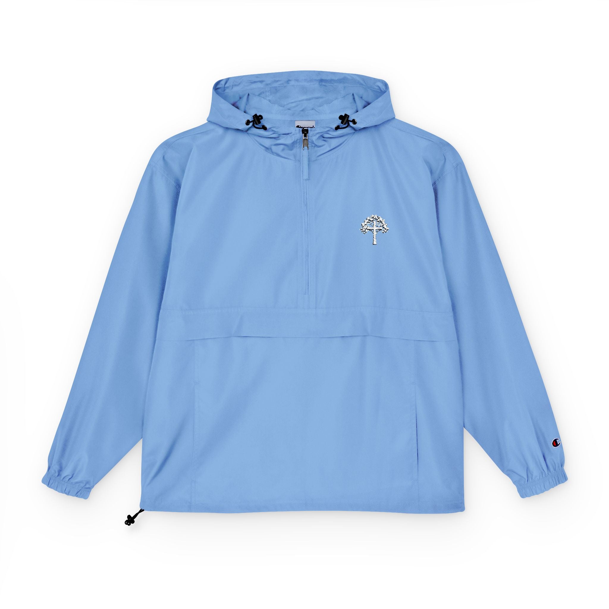 Light Blue Packable Anorak Jacket with Small Tree Logo — Windbreaker Pullover for Travel & Outdoor