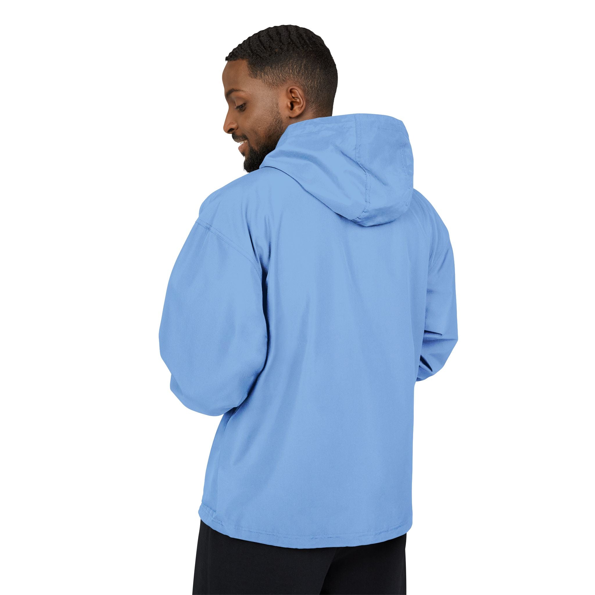 Light Blue Packable Anorak Jacket with Small Tree Logo — Windbreaker Pullover for Travel & Outdoor