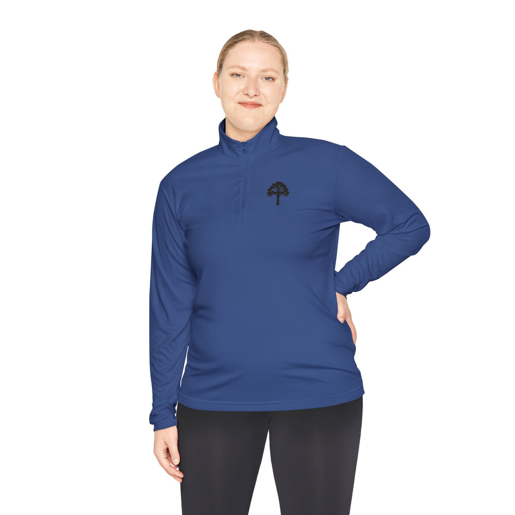 Quarter-Zip Pullover — Small Tree Chest Logo & “Stay Rooted.” Back Script
