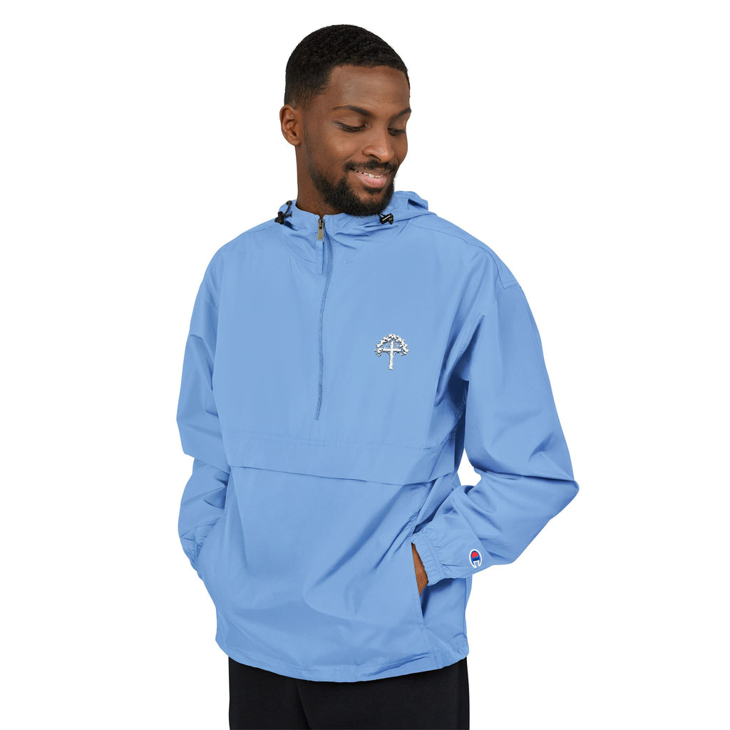 Light Blue Packable Anorak Jacket with Small Tree Logo — Windbreaker Pullover for Travel & Outdoor