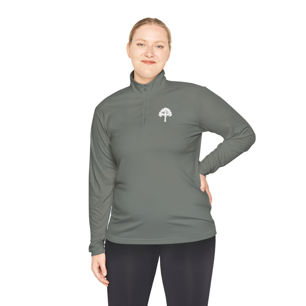 Quarter-Zip Pullover — Small Tree Chest Logo & “Stay Rooted.” Back Script