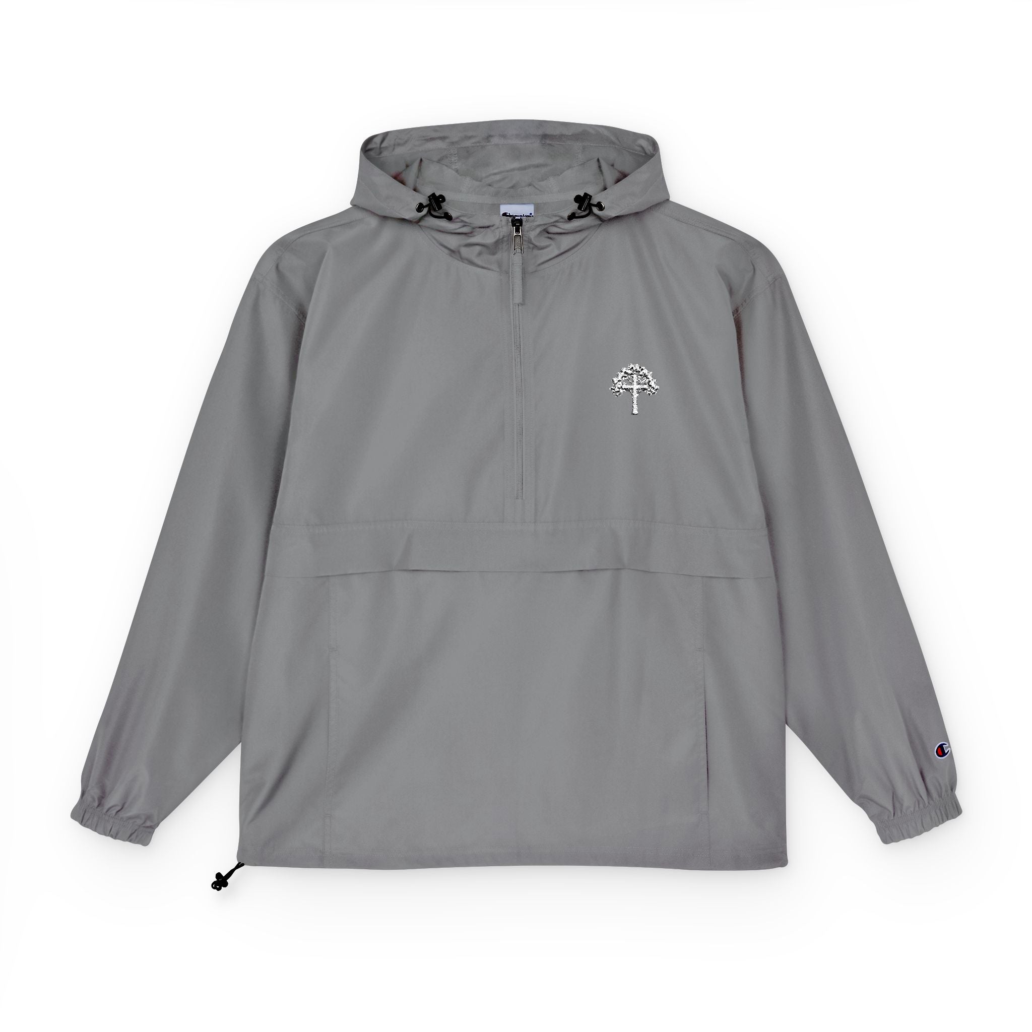 Light Blue Packable Anorak Jacket with Small Tree Logo — Windbreaker Pullover for Travel & Outdoor