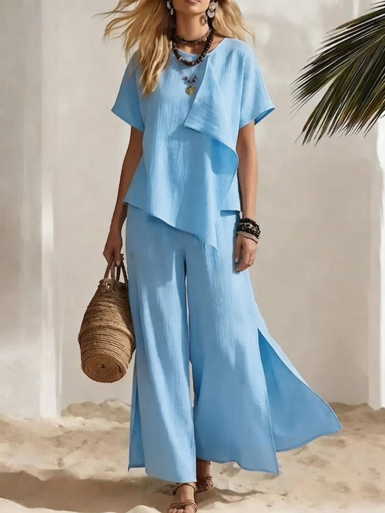 Casual Asymmetrical Short-sleeve Top And Slit Wide-leg Pants Set