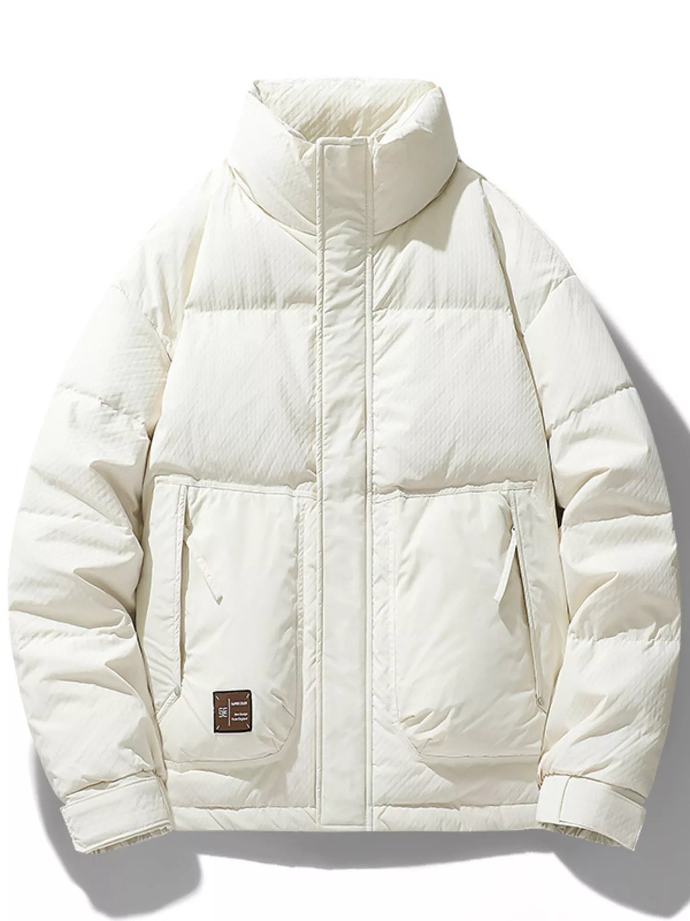 Men's Plus Size Stand Collar Puffer Jacket with Side Zipper Pockets